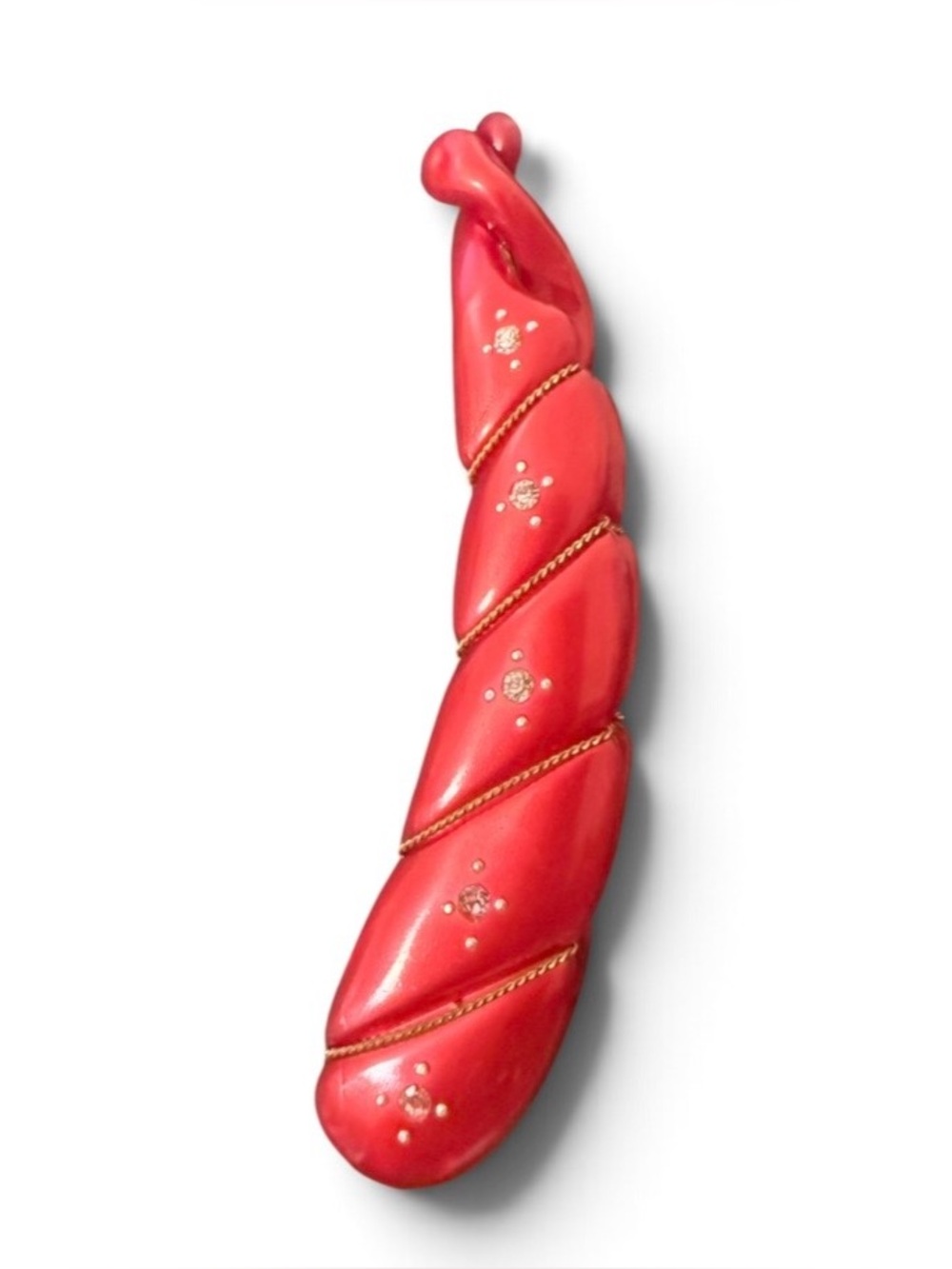 Vintage French Mini Banana Clip in Red w Rhinestones & Gold Threading, 4”, Unwor